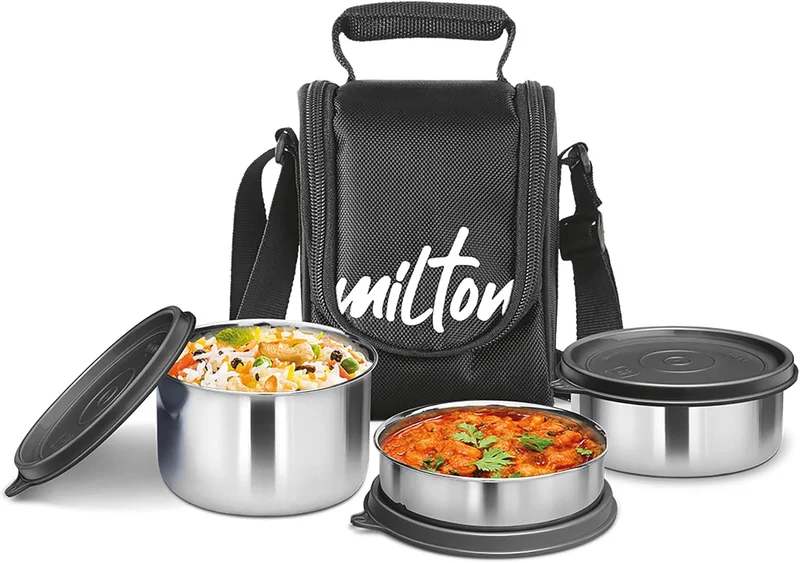 Milton Milton Tasty 3 Stainless Steel Lunch Box, Set of 3, 200 ml, 320 ml, 500 ml, Black | Leak proof |  Easy to carry  | Stainless Steel | Odour Proof | Food Grade | Light Weight | Easy to Clean
