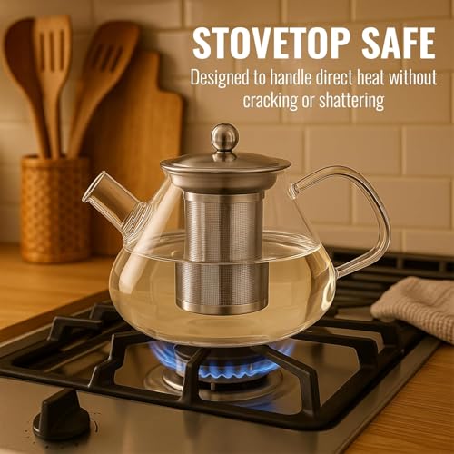Gipibox®Glass Kettle for Gas Stove - Borosilicate Glass Teapot with Stainless Steel Infuser, Heat-Resistant, Drip-Free Spout, Ideal for Loose Leaf & Blooming Tea, 1000ml, Golden Brew - Image 3