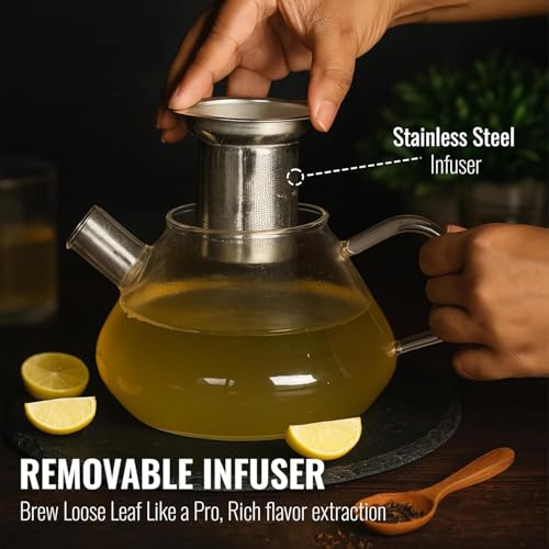 Gipibox®Glass Kettle for Gas Stove - Borosilicate Glass Teapot with Stainless Steel Infuser, Heat-Resistant, Drip-Free Spout, Ideal for Loose Leaf & Blooming Tea, 1000ml, Golden Brew - Image 4