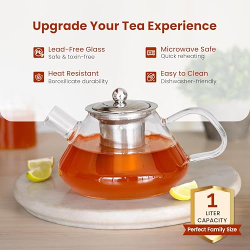 Gipibox®Glass Kettle for Gas Stove - Borosilicate Glass Teapot with Stainless Steel Infuser, Heat-Resistant, Drip-Free Spout, Ideal for Loose Leaf & Blooming Tea, 1000ml, Golden Brew - Image 5