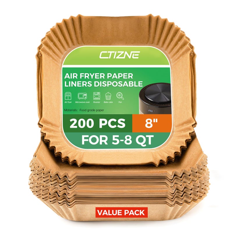 Ctizne Air Fryer Liners Disposable 200PCS 8 Inch Square Parchment Paper Liner Nonstick Oilproof Baking Paper Sheets for 58 QT Airfryer Basket