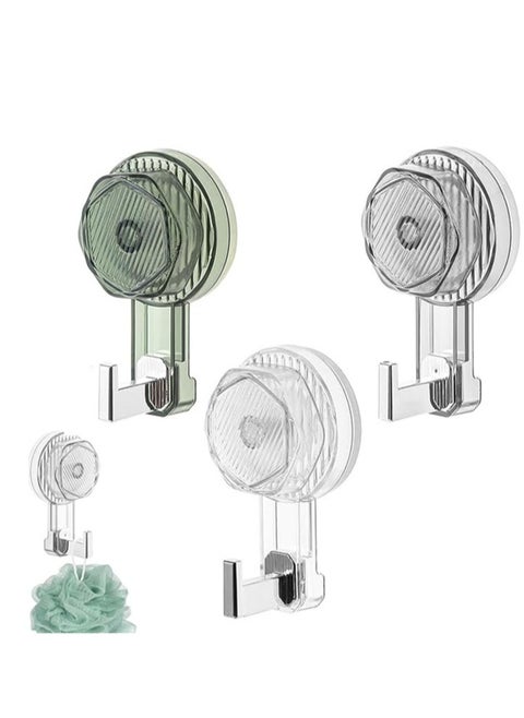 Powerful Vacuum Suction Cup hooks，Heavy Duty Wall Hooks for Towel, Robe, Loofah in Bathroom Kitchen Hanger Hooks for Spoons Reusable Removable（3pcs，Transparent，Grey and Green）