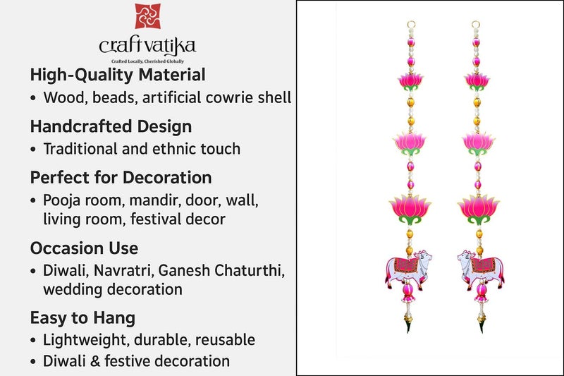 CraftVatika Pichwai Cow and Lotus Wall Hanging Latkan for Door Decoration, Diwali Decor Items, Diwali Decoration for Home, Festival Decorations Items, Pichwai Cow Hanging- 34 Inch Height,1 Pair - Image 4
