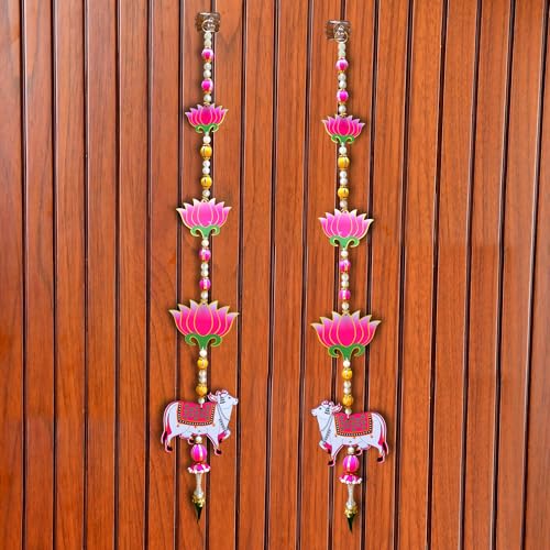 CraftVatika Pichwai Cow and Lotus Wall Hanging Latkan for Door Decoration, Diwali Decor Items, Diwali Decoration for Home, Festival Decorations Items, Pichwai Cow Hanging- 34 Inch Height,1 Pair - Image 1