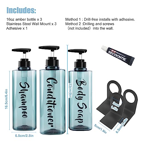 AUMIO 16.9oz Shampoo Dispenser for Shower Wall 3 Chamber, Drill Free Shampoo and Conditioner Dispenser with 6 Waterproof Labels, Wall Mounted Shower Soap Dispenser Shampoo Bottles for Home Bathroom - Image 3