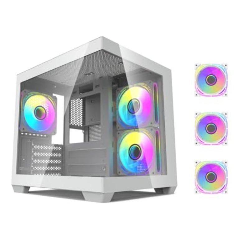 حافظة كمبيوتر ألعاب للوحات الأم M-ATX، فولاذ وزجاج مقسى، أسود، رؤية بانورامية 270 درجة، 3 مراوح ARGB مثبتة مسبقًا، تدعم المبرد 240 مم، USB 3.0، 5 فتحات توسعة - Image 1