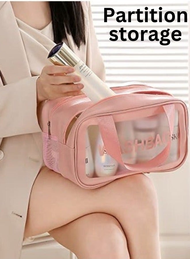 Upgraded Travel Toiletry Bag for Women & Men - Spacious Waterproof Organizer with Wet & Dry Two Separate Compartments, Portable Matte Translucent Clear Cosmetic Bag with Handle (Pink 2)