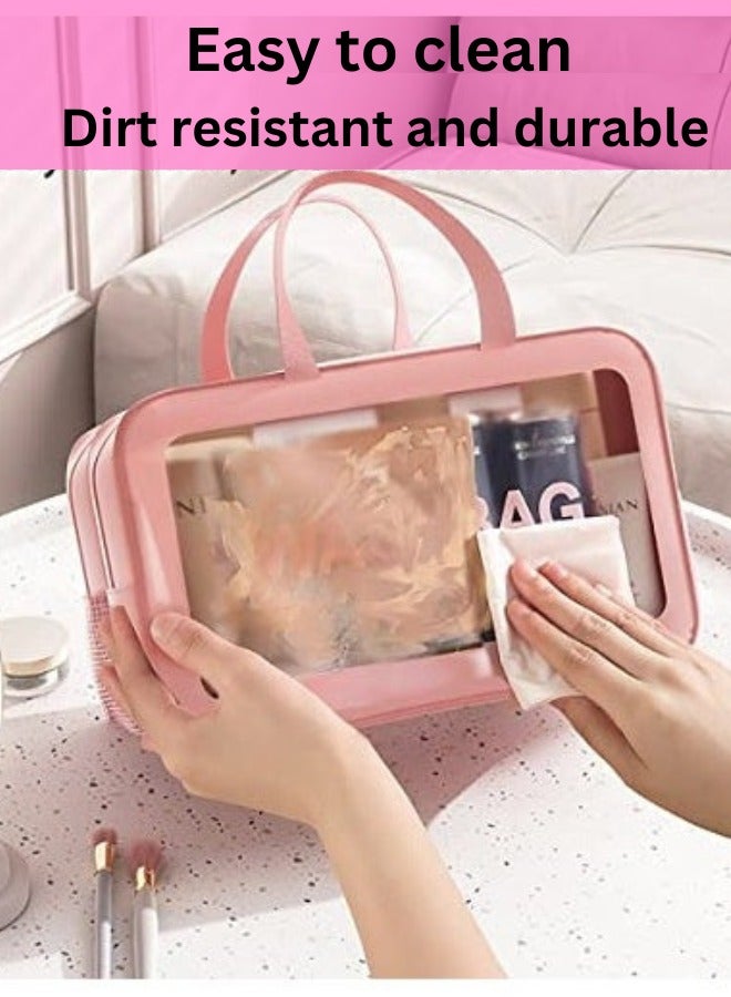 Upgraded Travel Toiletry Bag for Women & Men - Spacious Waterproof Organizer with Wet & Dry Two Separate Compartments, Portable Matte Translucent Clear Cosmetic Bag with Handle (Pink 2)