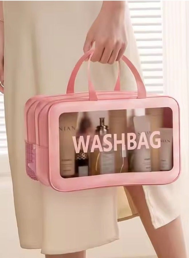 Upgraded Travel Toiletry Bag for Women & Men - Spacious Waterproof Organizer with Wet & Dry Two Separate Compartments, Portable Matte Translucent Clear Cosmetic Bag with Handle (Pink 2)