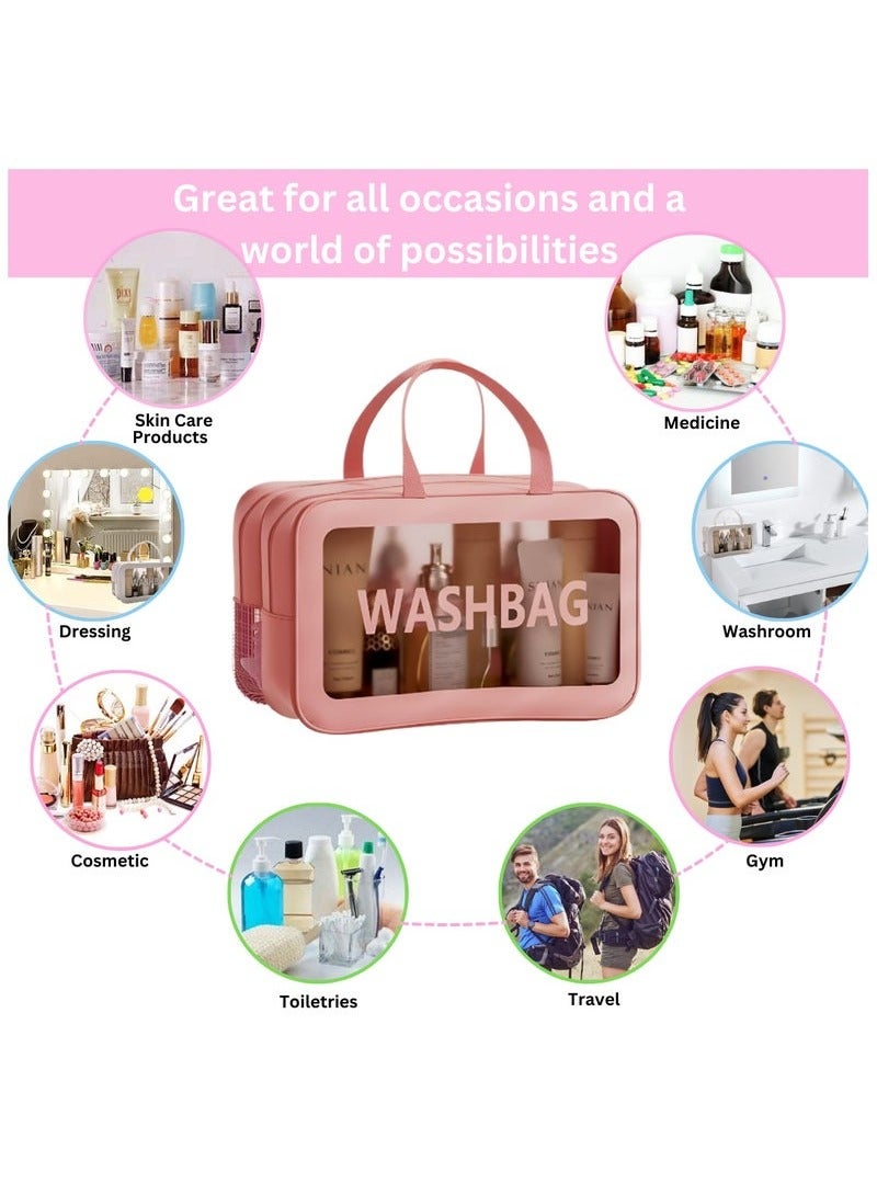 Upgraded Travel Toiletry Bag for Women & Men - Spacious Waterproof Organizer with Wet & Dry Two Separate Compartments, Portable Matte Translucent Clear Cosmetic Bag with Handle (Pink 2)