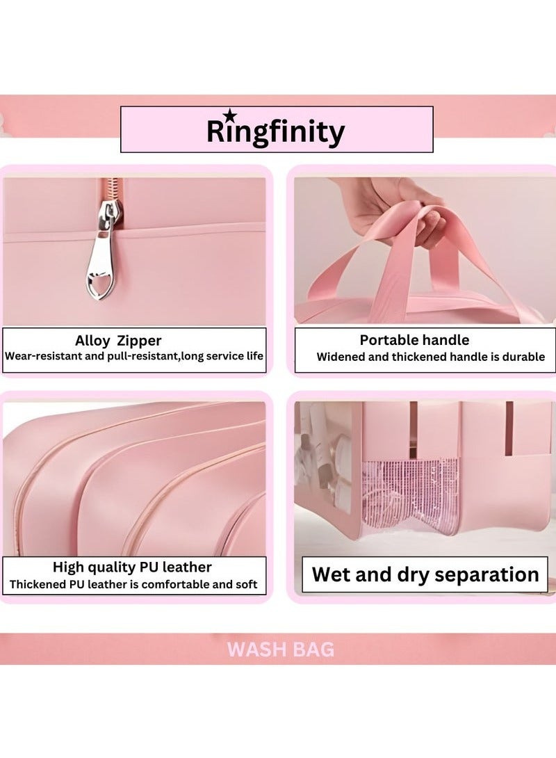 Upgraded Travel Toiletry Bag for Women & Men - Spacious Waterproof Organizer with Wet & Dry Two Separate Compartments, Portable Matte Translucent Clear Cosmetic Bag with Handle (Pink 2)