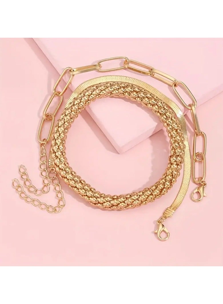 Goolsky إكسسوارات أوروبية وأمريكية عصرية: مجموعة أساور سلسلة عظام الثعبان متعددة الطبقات الأكثر مبيعًا، أساور سلسلة ذهبية عتيقة مكونة من 3 قطع للنساء. - Image 5