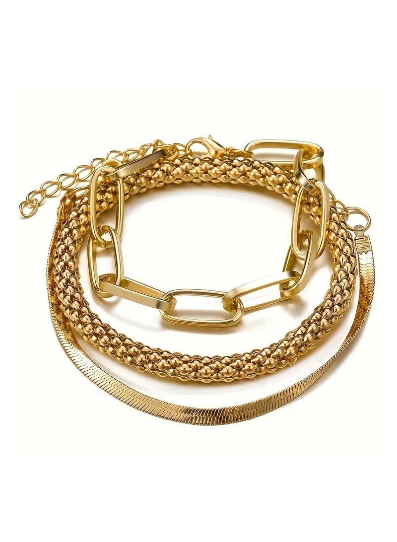 Goolsky إكسسوارات أوروبية وأمريكية عصرية: مجموعة أساور سلسلة عظام الثعبان متعددة الطبقات الأكثر مبيعًا، أساور سلسلة ذهبية عتيقة مكونة من 3 قطع للنساء. - Image 2