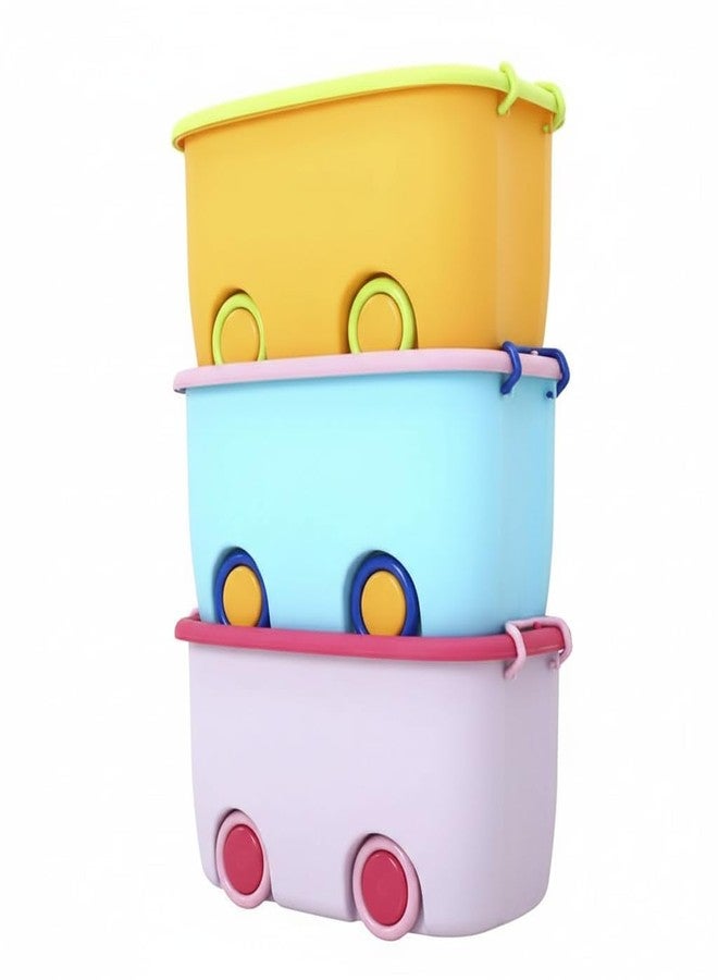 HOLLIO 25 Liters/Toy Storage Box Large Size/Toy Storage Organiser/Toy Basket Storage Box for Kids Big Size Storage Container Box Stackable/Wheels/Locking Lid & Handle (PACK OF 3) - Image 1