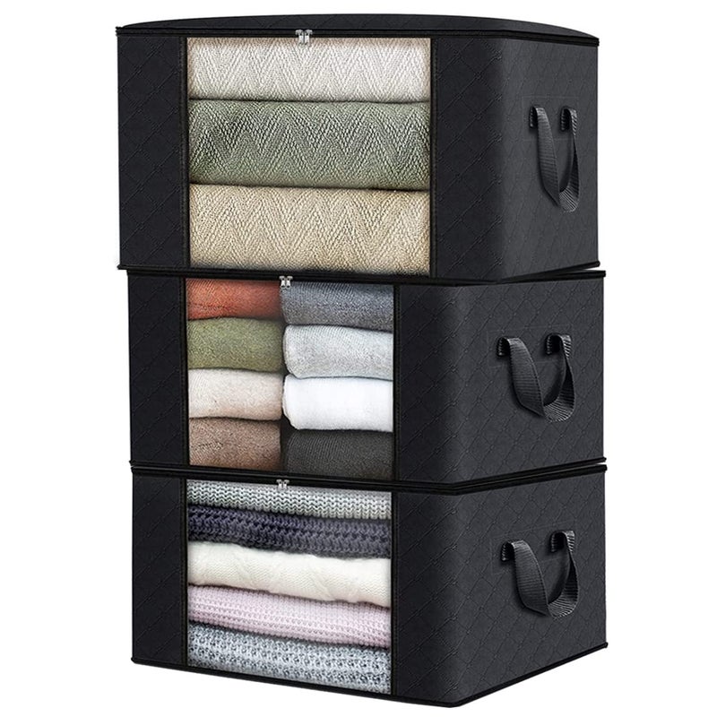 Premium Large Storage Bags 3 Pack - Heavy-Duty 90L Foldable Clothes Organizer - Durable High-Density Thick Fabric Storage Box for Comforters, Blankets & Bedding with Reinforced Handles & Clear Window (Sleek Modern Quilted Black Profile) - Manual Textile Preservation Sorting Convenience & Wardrobe Facility Asset Management Template
