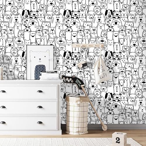 Fiula Peel and Stick Wallpaper Contact Paper Black and White Wallpaper Modern Dog Animal Wall Paper Textured Self Adhesive Removable Wallpaper for Nursery Kids Room Shelf Liner Vinyl Roll 197x173 - Image 3