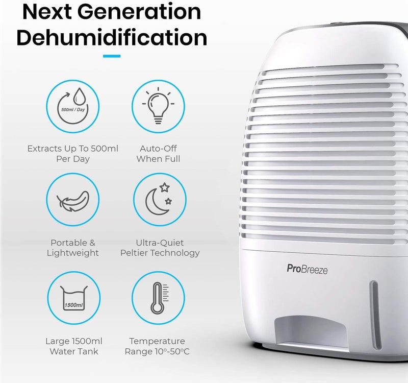 Pro Breeze 1500ml Premium Dehumidifier for Damp, Mould, Moisture in Home, Kitchen, Bedroom, Caravan, Office, Garage - Image 2