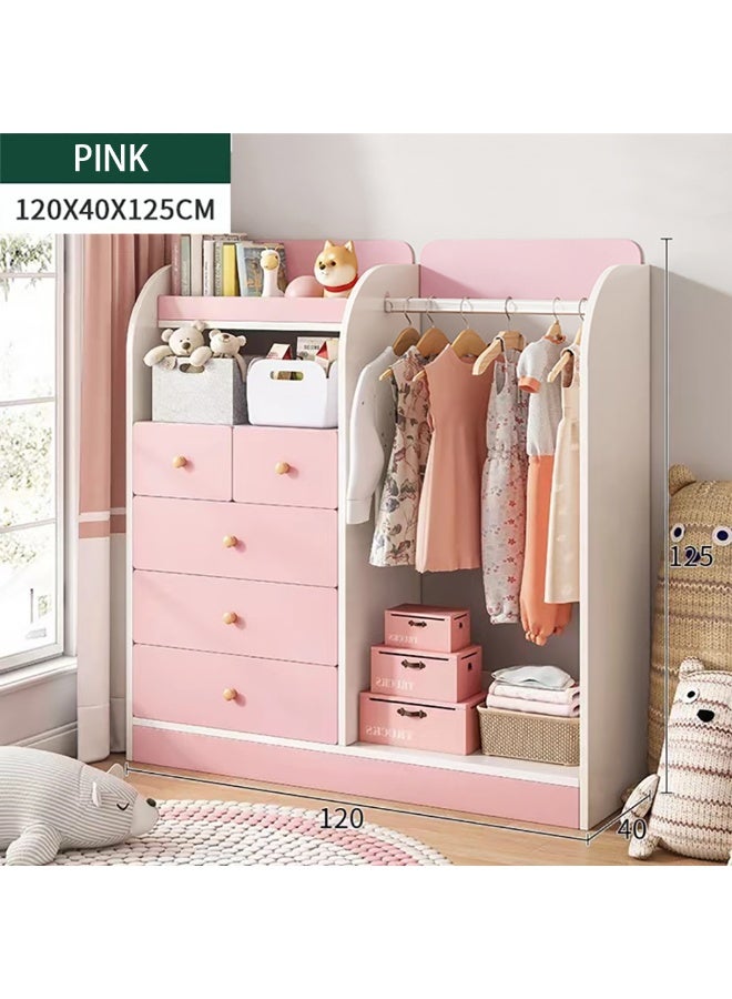 Generic Creative Kids Wardrobe, Wooden Cabinet with 5 Drawers and Hanging Area for Clothes Storage Organizer, Modern Closet Heavy Duty Bedroom Furniture for Boys Girls, YN011 (Pink)  - Image 2