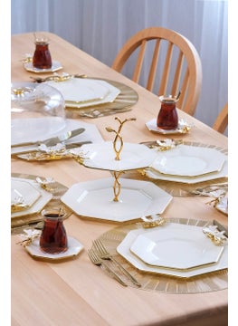 Glore Dolmabahçe Octagonal Cream Gold Gilded 6 Person 33 Piece Cake Tea Service Catering Set  - Image 1