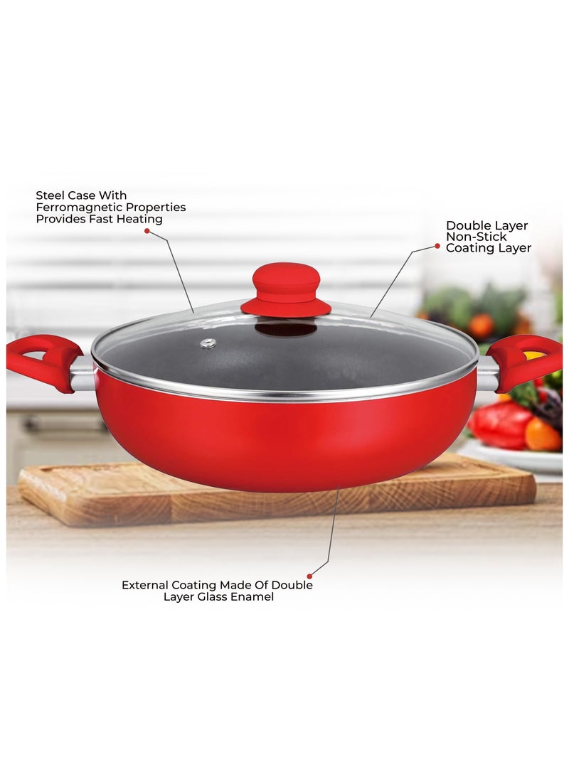 Sweet Home - 24 CM Non-Stick Wok Pan with Lid - Red/Black, Multi-layer Non-Stick Interior, Silicone Polyester Exterior, Solid Bottom, Compatible with Electric and Gas Cooktops - Image 1