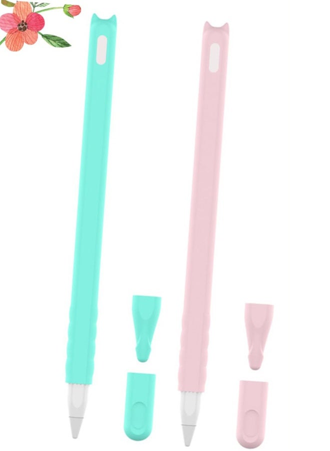 2 Packs Cute Cat Silicone Case for Apple Pencil 2nd Generation Stand Skin Pocket Accessory Kit with 2 Nib Covers 2 Cap Holder Soft Grip Pouch Compatible with iPad Pro 11 12.9 Inch for Students Professionals Home Office Digital Art  Daily Use,Pink and Green - Image 1