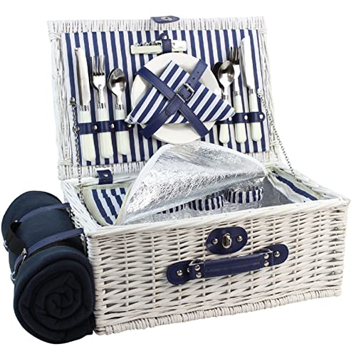 HappyPicnic Picnic Basket Willow for 4 Persons Large Wicker Hamper Set with Big Insulated Cooler Compartment Fleece Blanket with Waterproof Backing and Cutlery Service Kit Fashionable White Washed Color 