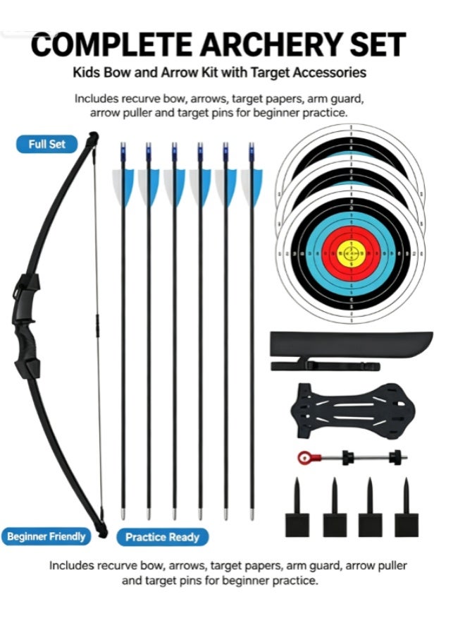 Sumkyle Kids Recurve Bow and Arrow Complete Archery Set, Beginner Shooting Kit with Target Papers & Protective Accessories - Image 1