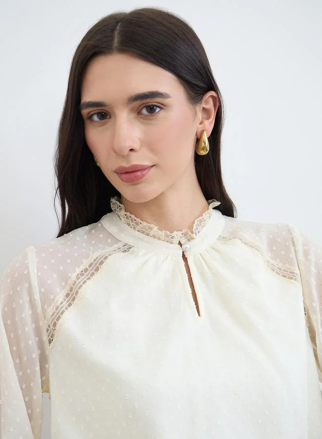 Styli Off-White Lace Trim Dobby Blouse