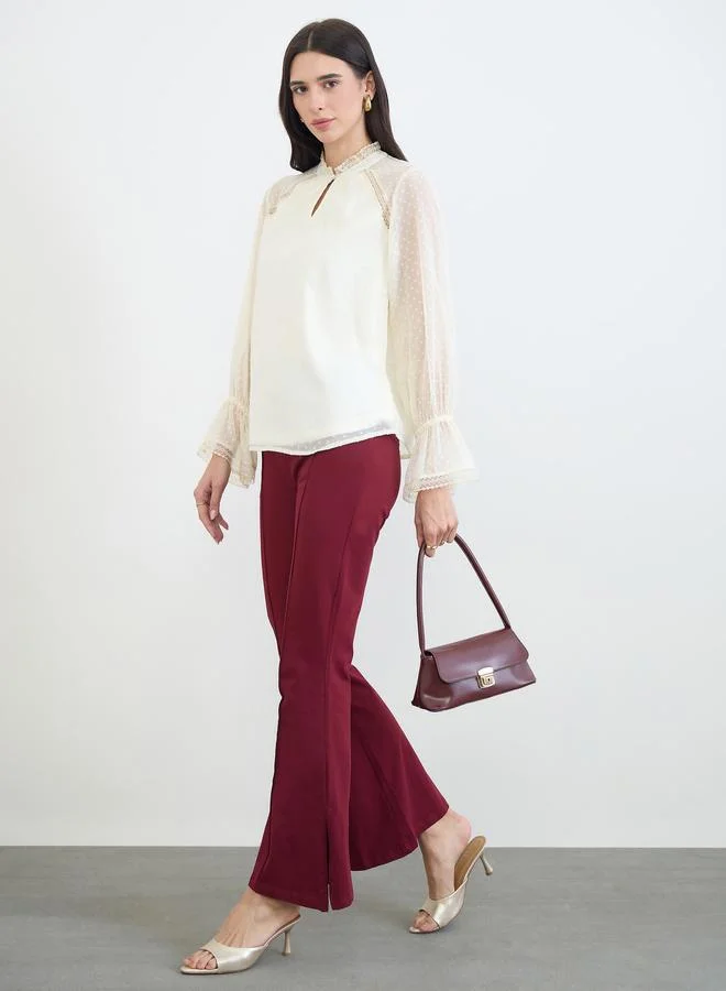 Styli Off-White Lace Trim Dobby Blouse