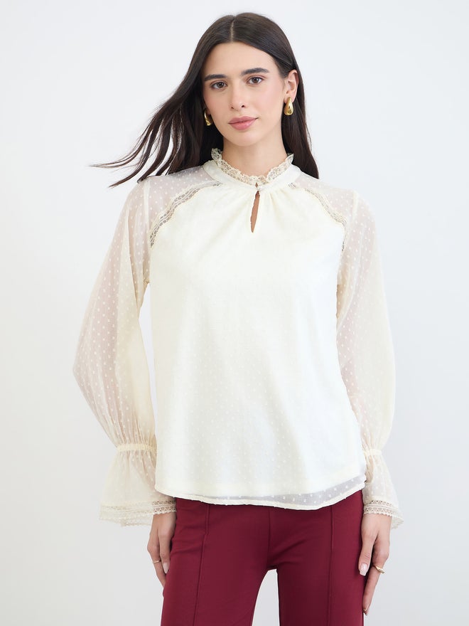 Styli Off-White Lace Trim Dobby Blouse - Image 3