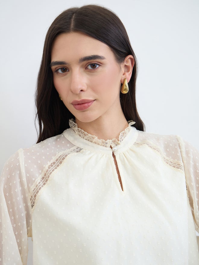 Styli Off-White Lace Trim Dobby Blouse - Image 4