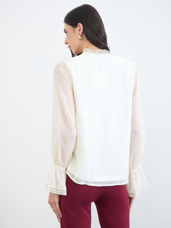 Styli Off-White Lace Trim Dobby Blouse - Image 5