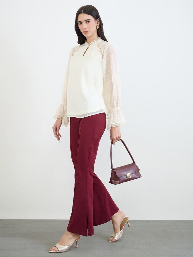 Styli Off-White Lace Trim Dobby Blouse - Image 2