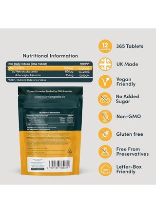 Vitamin B12 Tablets High Strength - 1 Year Supply (365 Tablets) - 1000mcg Dual Power B12 Vitamin Complex with Methylcobalamin & Adenosylcobalamin - Vegan Supplement - view 3