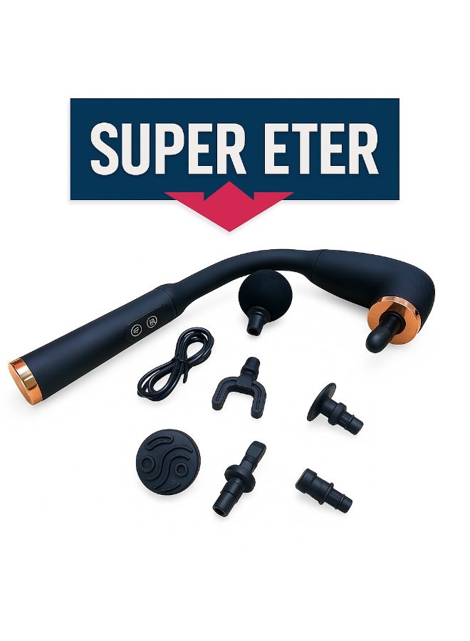 سوبر  ايتير مسدس تدليك طويل من SUPER ETER – موديل 10006388 – أسود / ذهبي – مسدس طويل يصل إلى الأماكن التي لا يصلها مسدس التدليك العادي – جهاز تدليك الظهر والأنسجة العميقة للجسم لتخفيف الألم – مزود بـ 4 رؤوس احترافية – 6 سرعات – شحن Type-C سريع - Image 2