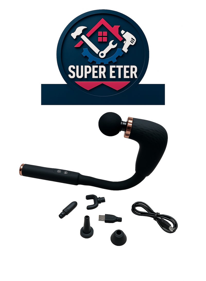 سوبر  ايتير مسدس تدليك طويل من SUPER ETER – موديل 10006388 – أسود / ذهبي – مسدس طويل يصل إلى الأماكن التي لا يصلها مسدس التدليك العادي – جهاز تدليك الظهر والأنسجة العميقة للجسم لتخفيف الألم – مزود بـ 4 رؤوس احترافية – 6 سرعات – شحن Type-C سريع - Image 5