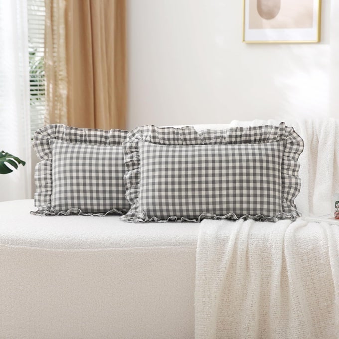 2 PACK GREY WHITE PLAID RUFFLE GINGHAM LUMBAR PILLOW COVERS 20X12 INCHES 100 COTTON CHECKERED FARMHOUSE DECORATIVE THROW PILLOW SHAMS FOR BEDSOFA 20X12 INCHES GREYWHITE PLAID