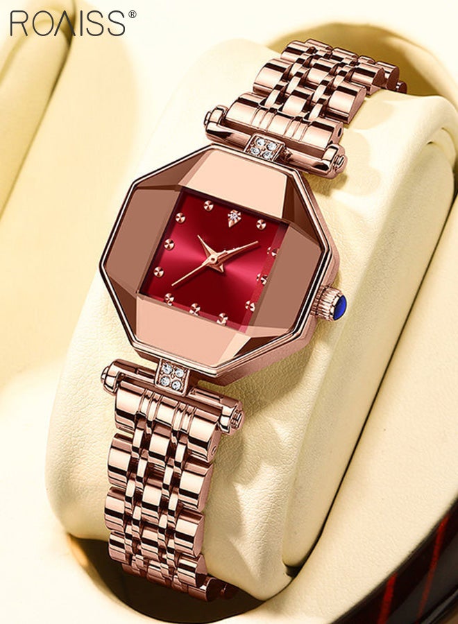roaiss Steel Band Quartz Watch for Women, Analog Display Octagon Red Dial with Rhinestones Decoration, Luxurious Waterproof Wristwatch as Gift for Ladies - Image 3