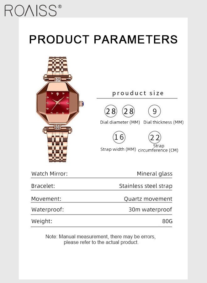 roaiss Steel Band Quartz Watch for Women, Analog Display Octagon Red Dial with Rhinestones Decoration, Luxurious Waterproof Wristwatch as Gift for Ladies - Image 4