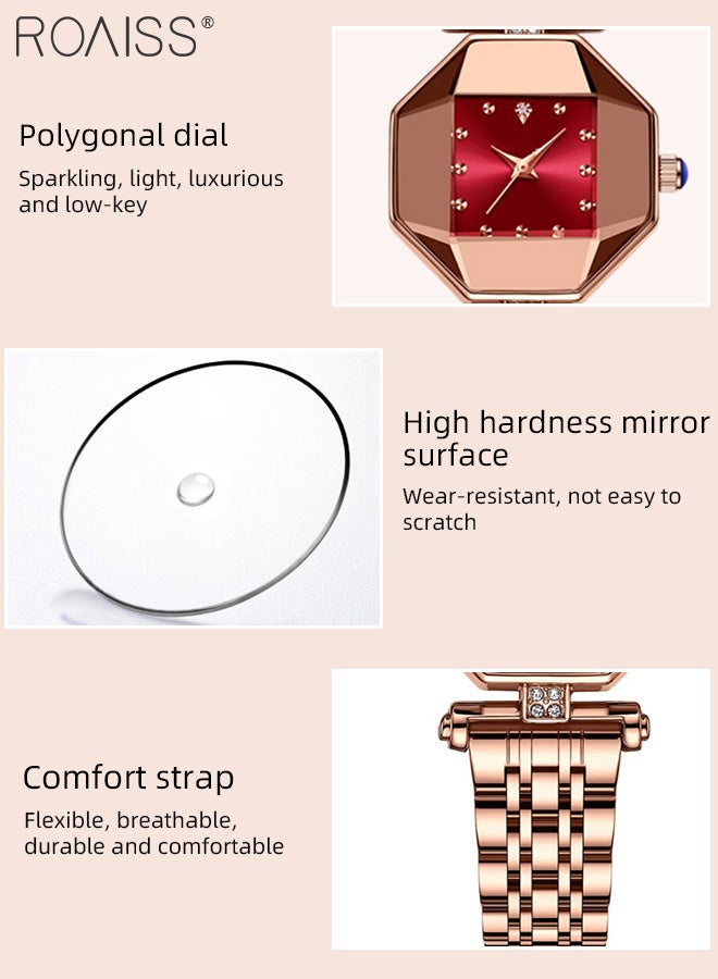 roaiss Steel Band Quartz Watch for Women, Analog Display Octagon Red Dial with Rhinestones Decoration, Luxurious Waterproof Wristwatch as Gift for Ladies - Image 5