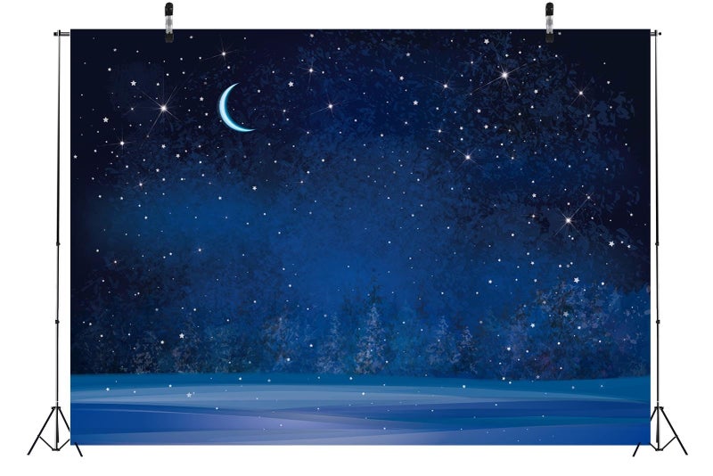 BELECO 7x5ft Fabric Winter Wonderland Night Snowfall Backdrop Blue Starry Sky Moon Stars Snowflakes Fir Trees Pine Forest Snow Scene Background Christmas New Year Party Decoration Photo Studio Props - Image 5