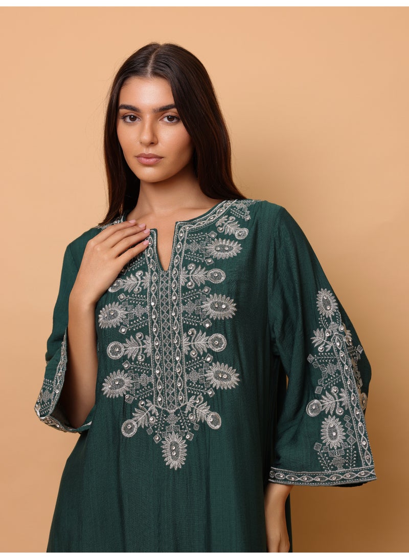 IKKXA Solid Casual Jalabiya Embroidery Details on Front and Sides IK4023 Green - Image 2