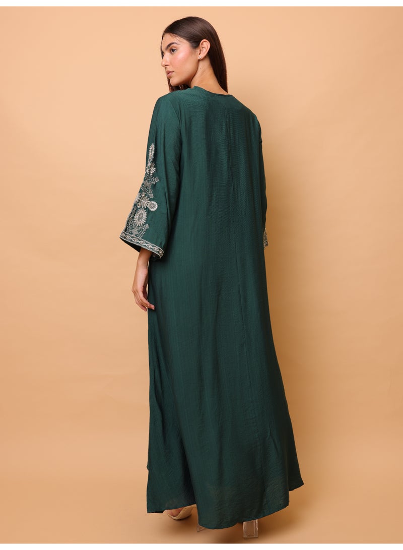 IKKXA Solid Casual Jalabiya Embroidery Details on Front and Sides IK4023 Green - Image 4