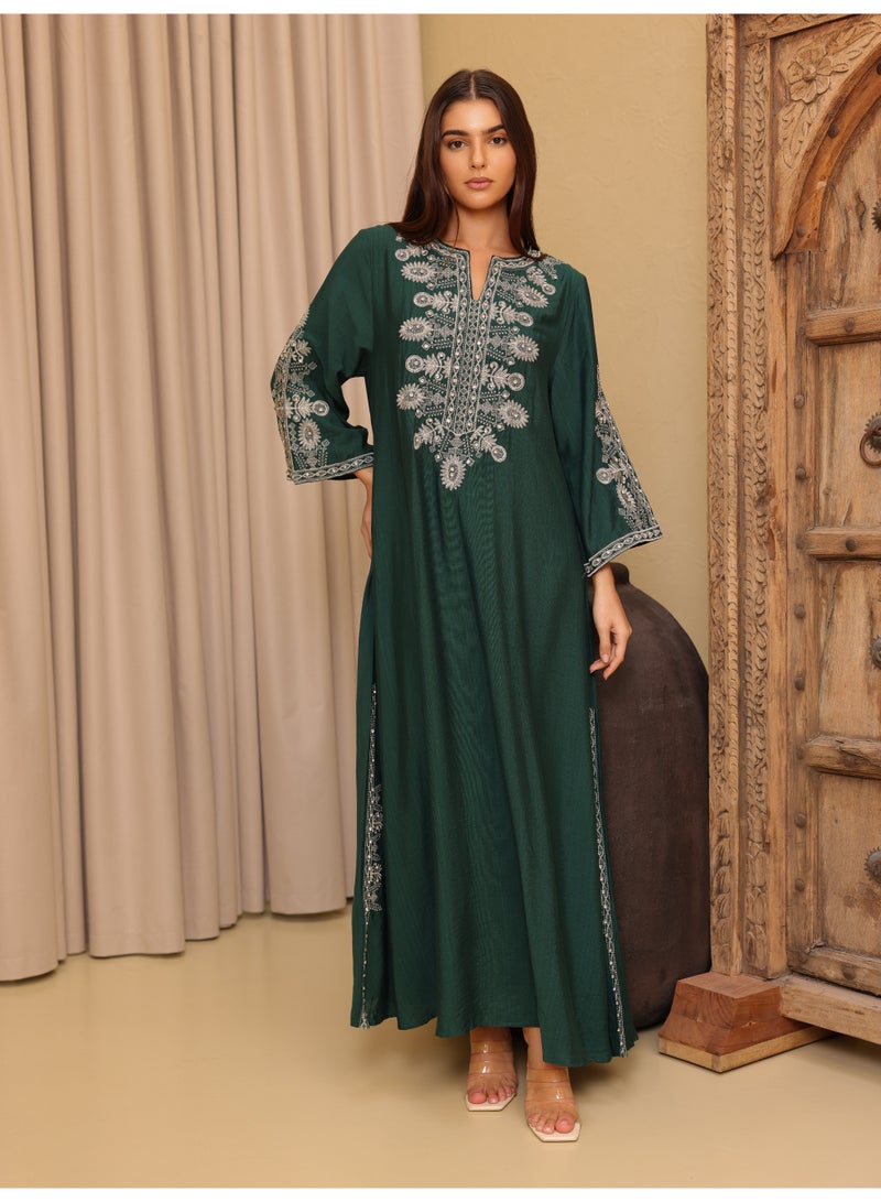 IKKXA Solid Casual Jalabiya Embroidery Details on Front and Sides IK4023 Green - Image 1