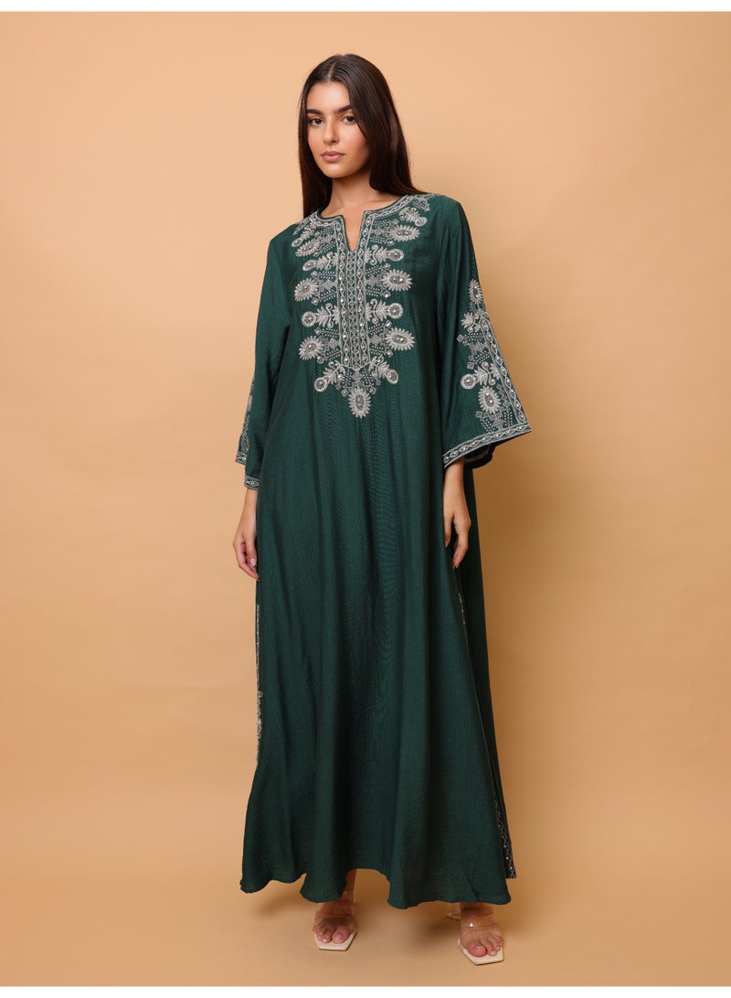 IKKXA Solid Casual Jalabiya Embroidery Details on Front and Sides IK4023 Green - Image 5