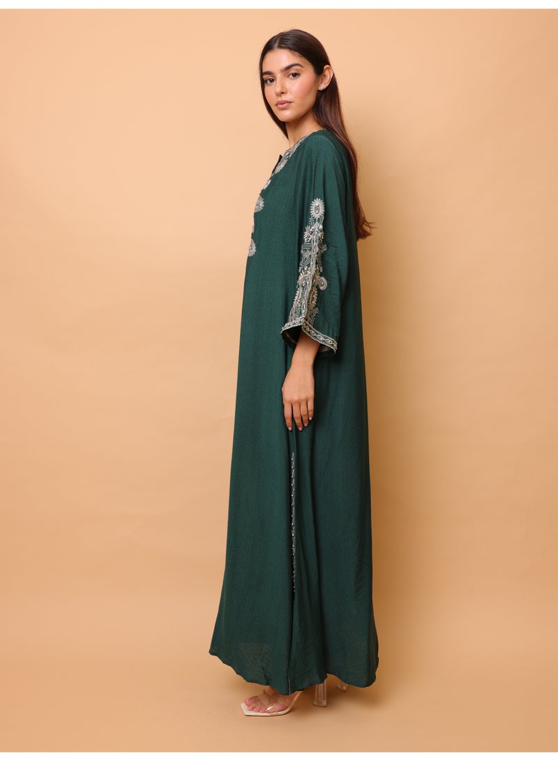 IKKXA Solid Casual Jalabiya Embroidery Details on Front and Sides IK4023 Green - Image 3