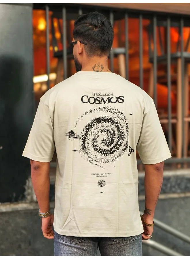 Maniac Maniiac Men Printed Round Neck Half Sleeve Biscuit and Black Cotton T-Shirt