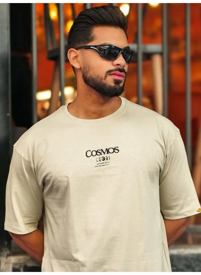 Maniac Maniiac Men Printed Round Neck Half Sleeve Biscuit and Black Cotton T-Shirt