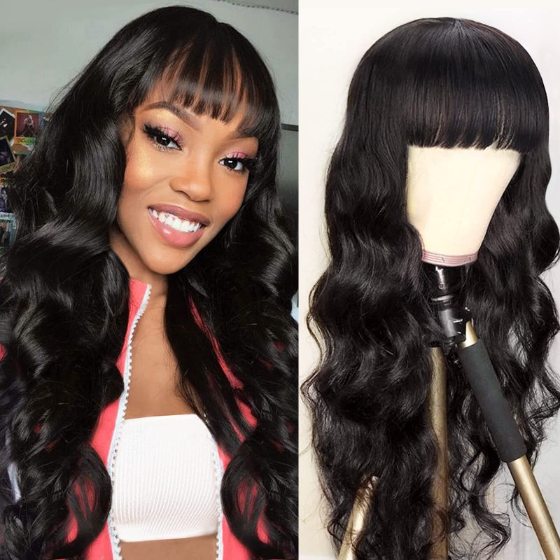Body Wave Wigs with Bangs Virgin Brazilian None Lace Front Wigs Human Hair Wigs 150 Density Glueless Machine Made Wigs for Black Women Natural Color26 Inch Body Wave
