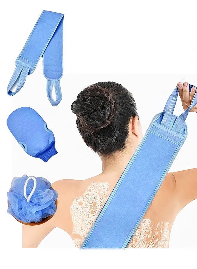 3 Pcs Exfoliating Back Scrubber for Shower, Exfoliating Gloves and Loofah Sponge Set, Body Scrubber Body Brush Set for Men and Women, Deep Clean and Massage Your Body (1 Set, Blue)  - Image 1